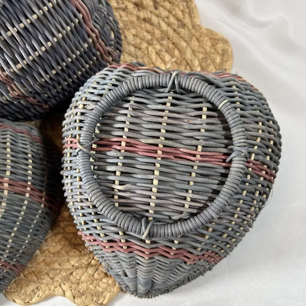 Vintage 80s Heart Wicker Nesting Baskets Set 3 Country Blue Mauve Cottage Decor